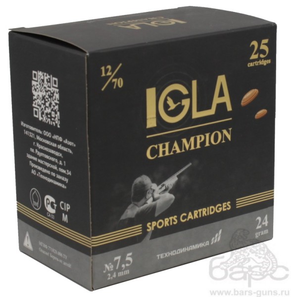 Патрон 12х70 дробь 7,5 навеска 24 г Igla-Champion Азот пачка